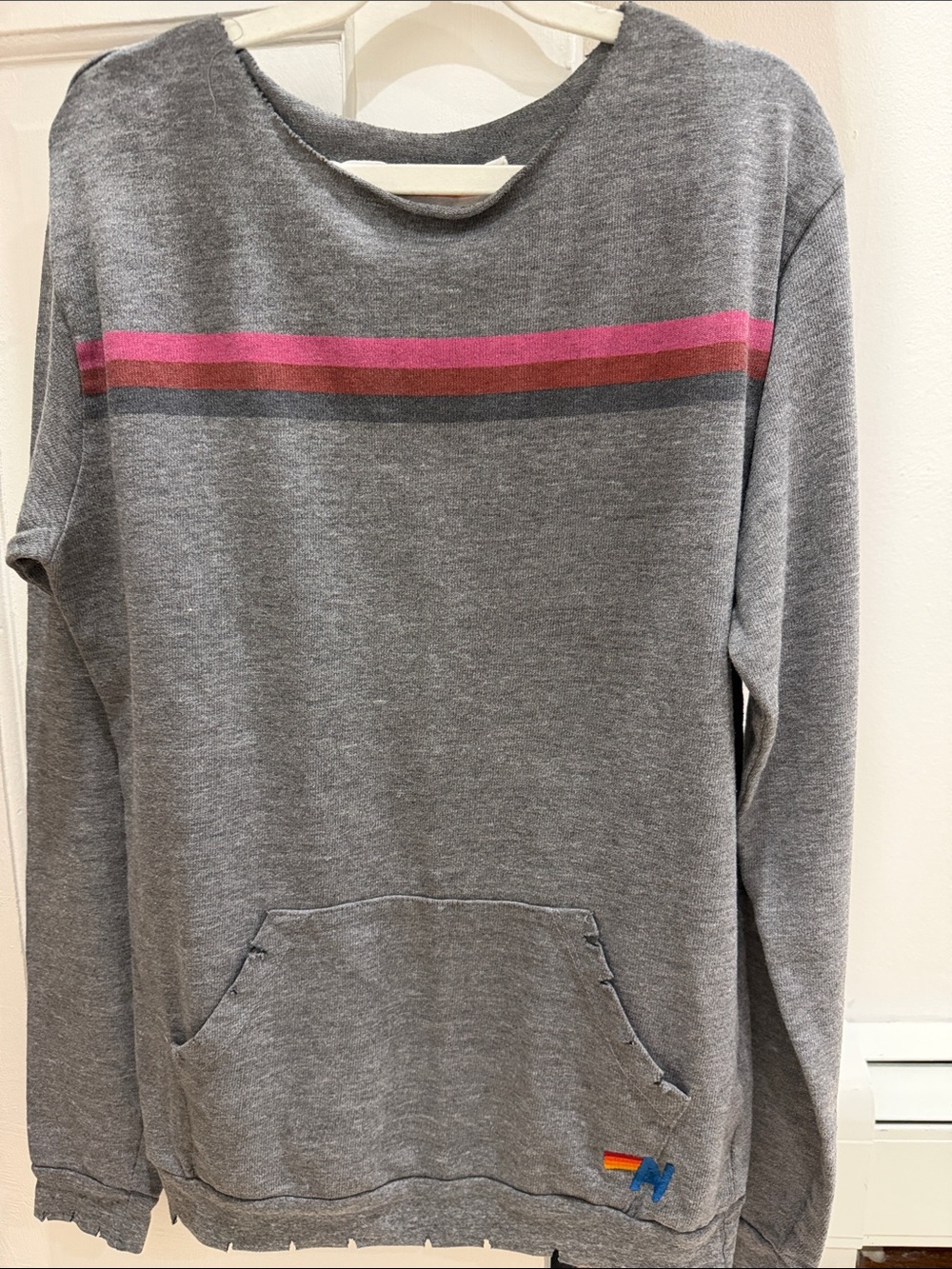 Aviator Nation Gray Crewneck Sweater with Pink Accent Stripe